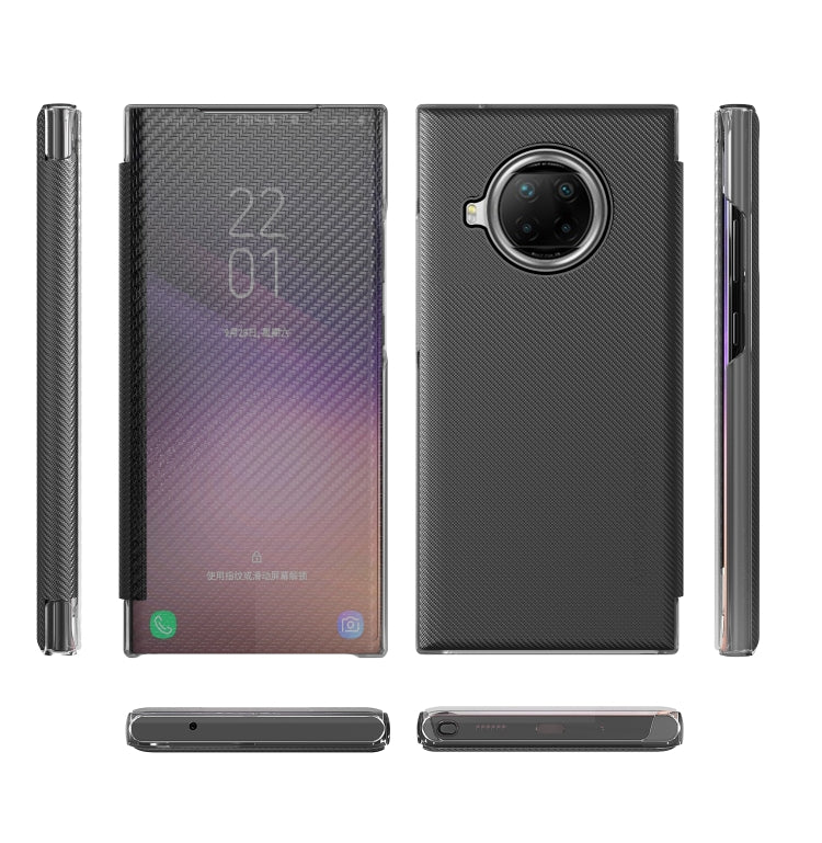 For Xiaomi Redmi Note 9 Pro Carbon Fiber Texture View Time Horizontal Flip Leather Case with Holder & Touch Call Display ID