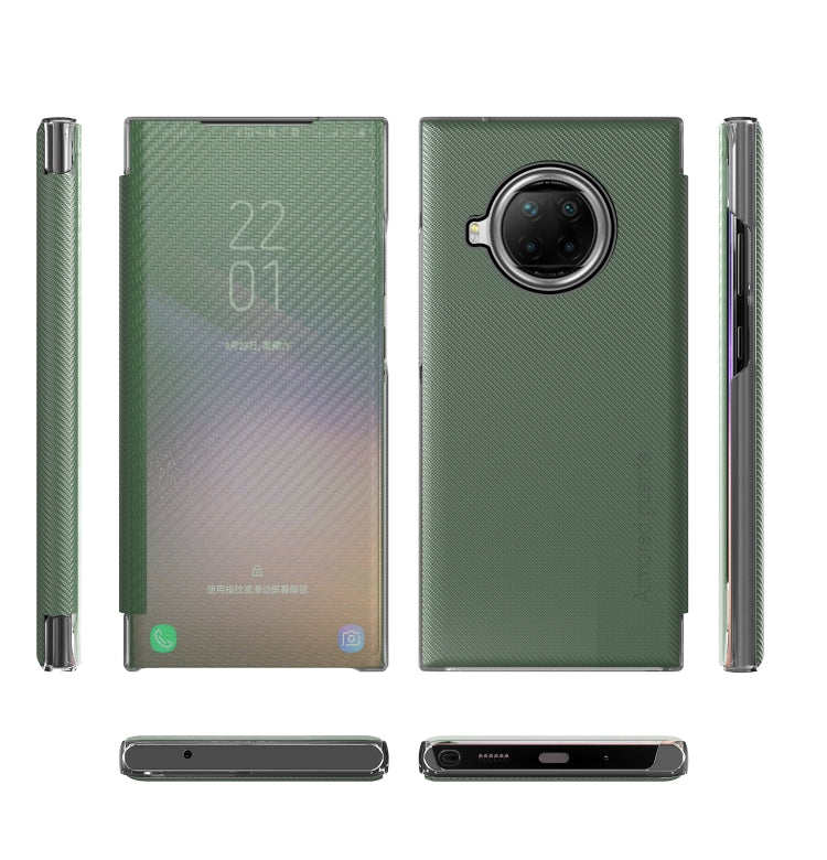 For Xiaomi Redmi Note 9 Pro Carbon Fiber Texture View Time Horizontal Flip Leather Case with Holder & Touch Call Display ID