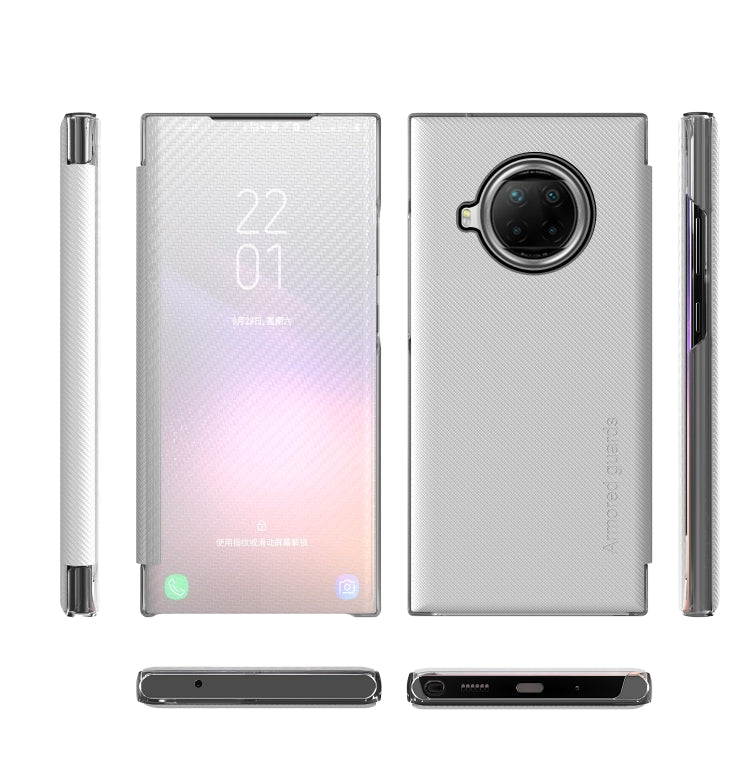 For Xiaomi Redmi Note 9 Pro Carbon Fiber Texture View Time Horizontal Flip Leather Case with Holder & Touch Call Display ID