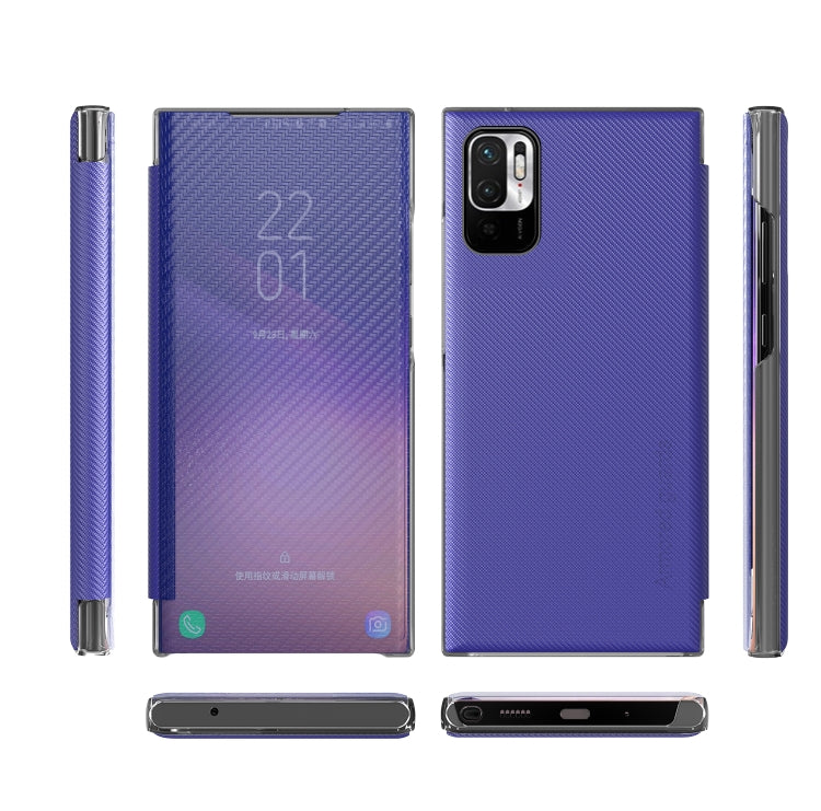 For Xiaomi Redmi Note 10 5G Carbon Fiber Texture View Time Horizontal Flip Leather Case with Holder & Touch Call Display ID
