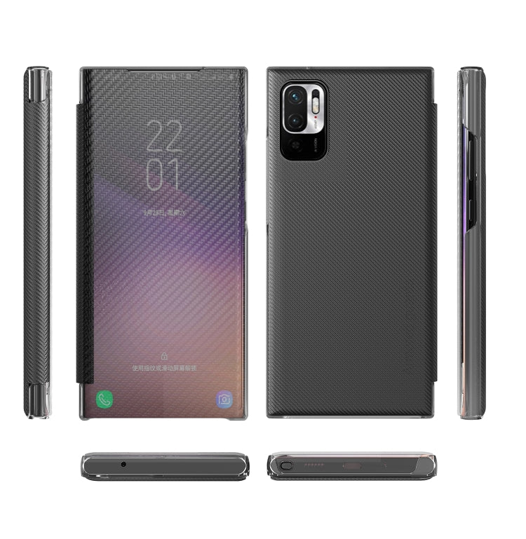 For Xiaomi Redmi Note 10 5G Carbon Fiber Texture View Time Horizontal Flip Leather Case with Holder & Touch Call Display ID