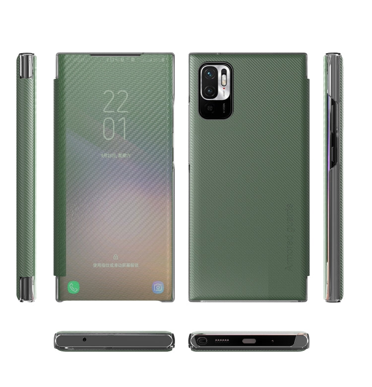 For Xiaomi Redmi Note 10 5G Carbon Fiber Texture View Time Horizontal Flip Leather Case with Holder & Touch Call Display ID