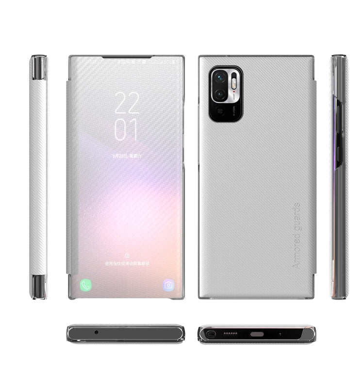 For Xiaomi Redmi Note 10 5G Carbon Fiber Texture View Time Horizontal Flip Leather Case with Holder & Touch Call Display ID