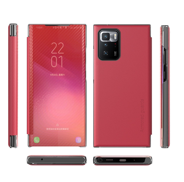 For Xiaomi Redmi Note 10 Pro Carbon Fiber Texture View Time Horizontal Flip Leather Case with Holder & Touch Call Display ID