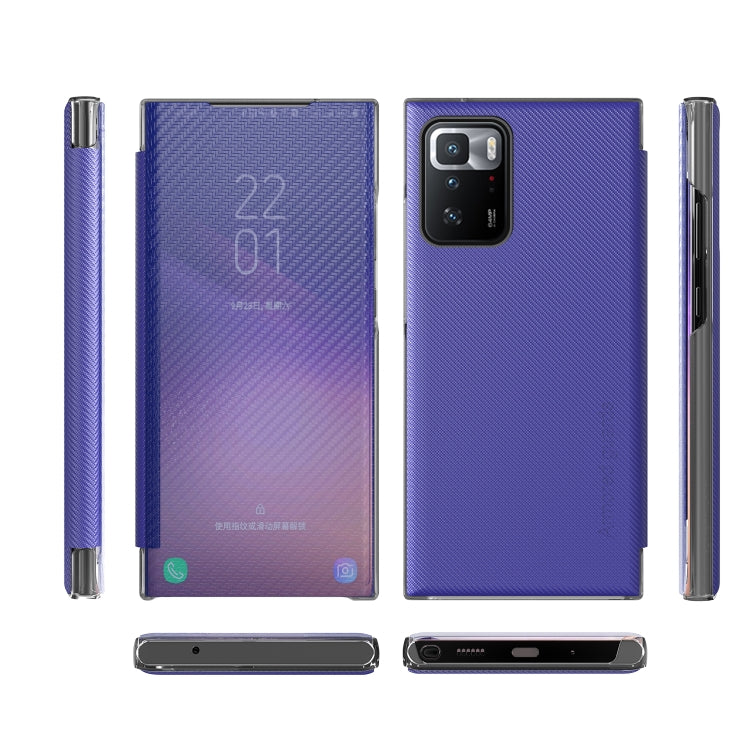 For Xiaomi Redmi Note 10 Pro Carbon Fiber Texture View Time Horizontal Flip Leather Case with Holder & Touch Call Display ID