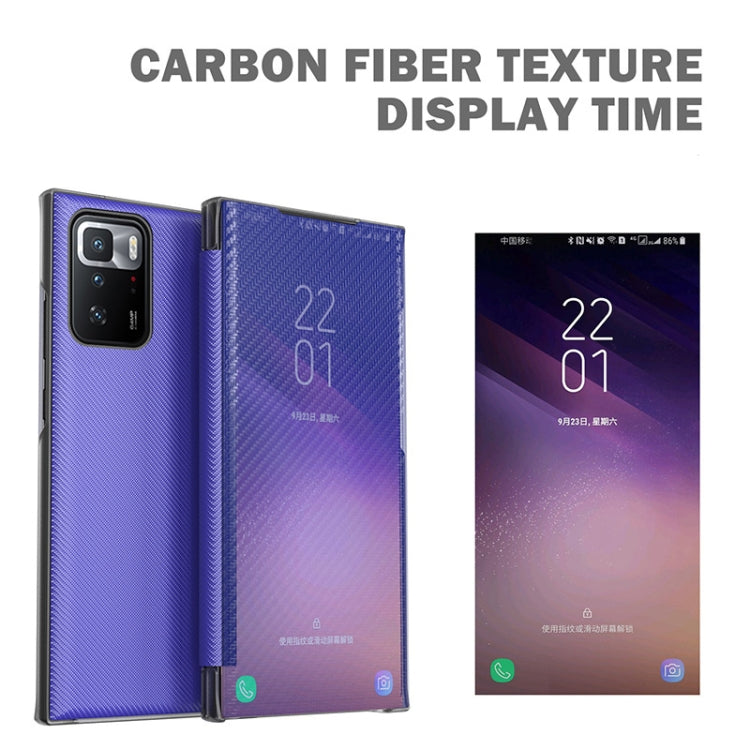 For Xiaomi Redmi Note 10 Pro Carbon Fiber Texture View Time Horizontal Flip Leather Case with Holder & Touch Call Display ID