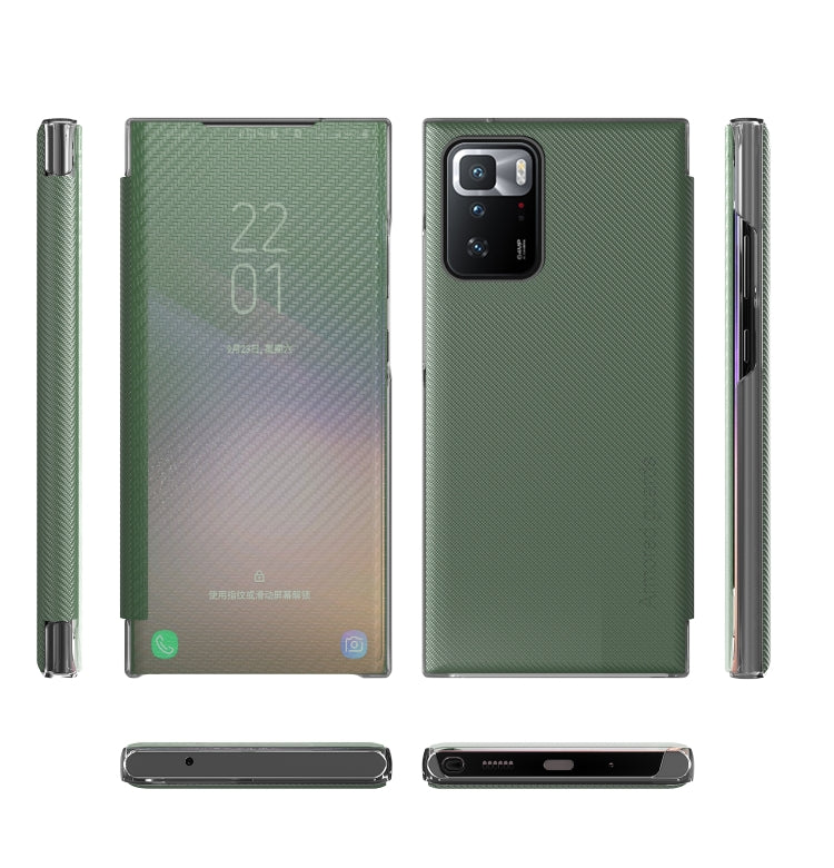 For Xiaomi Redmi Note 10 Pro Carbon Fiber Texture View Time Horizontal Flip Leather Case with Holder & Touch Call Display ID