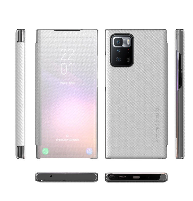 For Xiaomi Redmi Note 10 Pro Carbon Fiber Texture View Time Horizontal Flip Leather Case with Holder & Touch Call Display ID