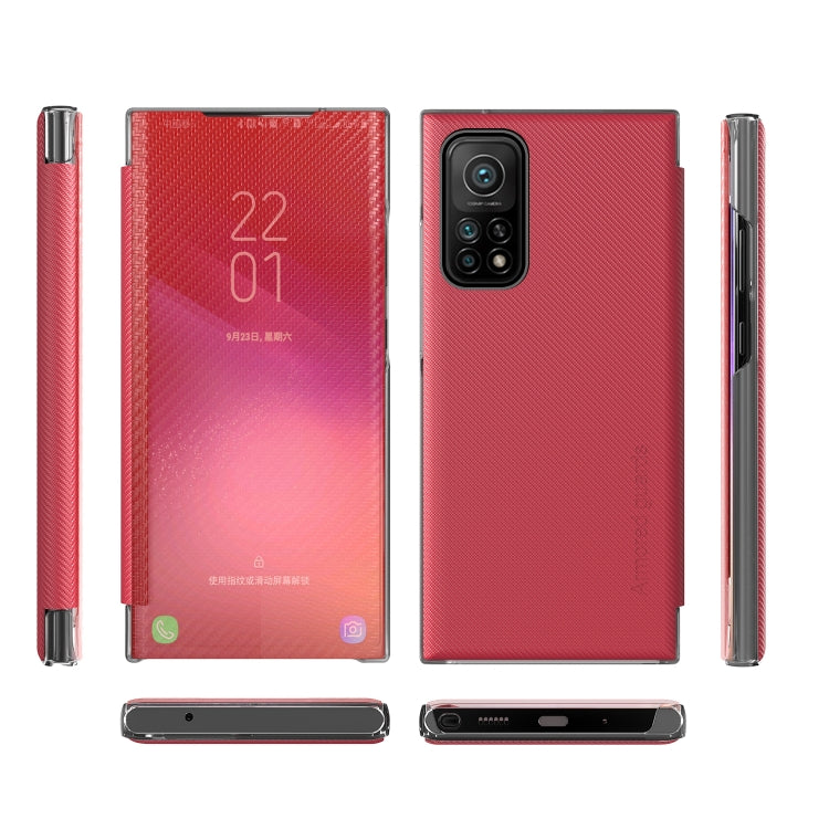 For Xiaomi Mi 10T Pro Carbon Fiber Texture View Time Horizontal Flip Leather Case with Holder & Touch Call Display ID