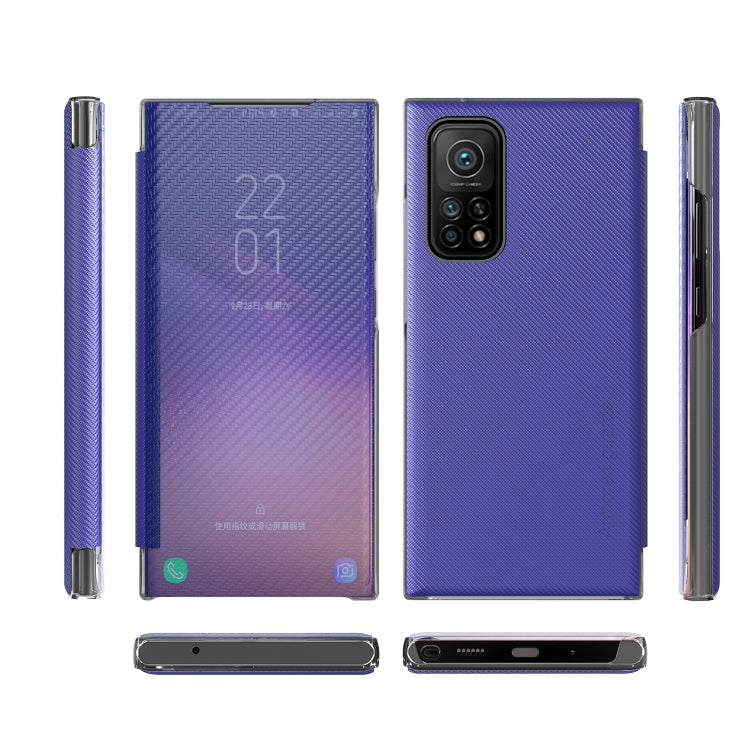 For Xiaomi Mi 10T Pro Carbon Fiber Texture View Time Horizontal Flip Leather Case with Holder & Touch Call Display ID