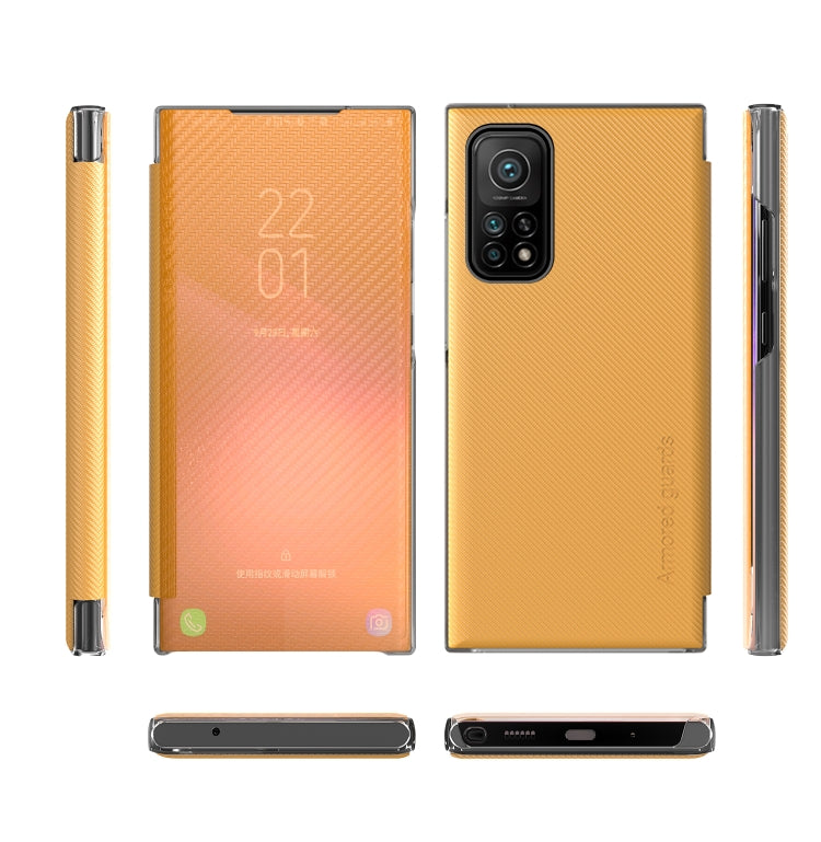 For Xiaomi Mi 10T Pro Carbon Fiber Texture View Time Horizontal Flip Leather Case with Holder & Touch Call Display ID