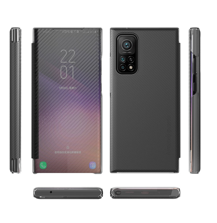 For Xiaomi Mi 10T Pro Carbon Fiber Texture View Time Horizontal Flip Leather Case with Holder & Touch Call Display ID