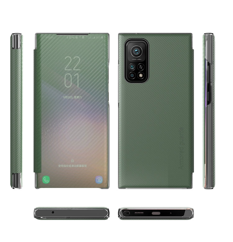 For Xiaomi Mi 10T Pro Carbon Fiber Texture View Time Horizontal Flip Leather Case with Holder & Touch Call Display ID