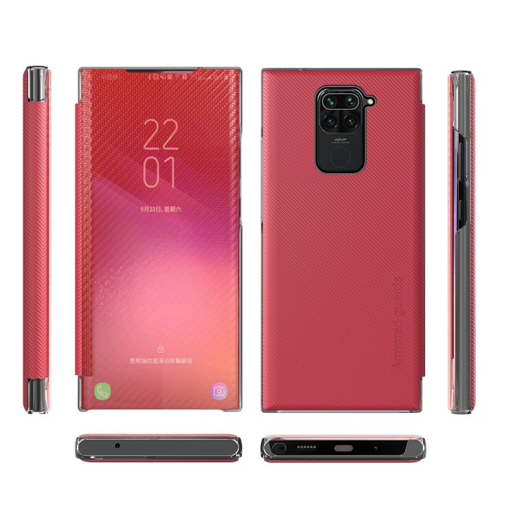 For Xiaomi Redmi Note 9 Carbon Fiber Texture View Time Horizontal Flip Leather Case with Holder & Touch Call Display ID