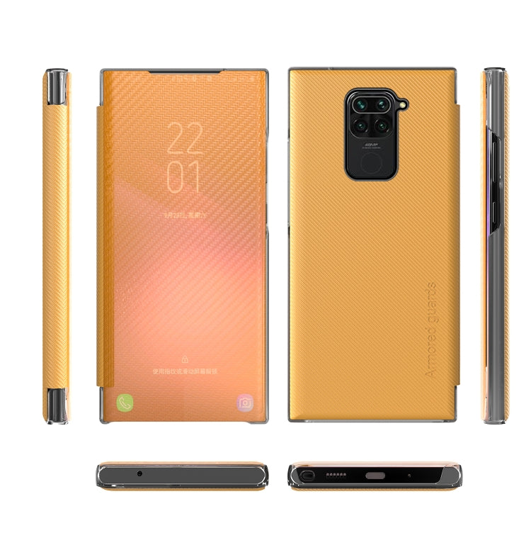 For Xiaomi Redmi Note 9 Carbon Fiber Texture View Time Horizontal Flip Leather Case with Holder & Touch Call Display ID