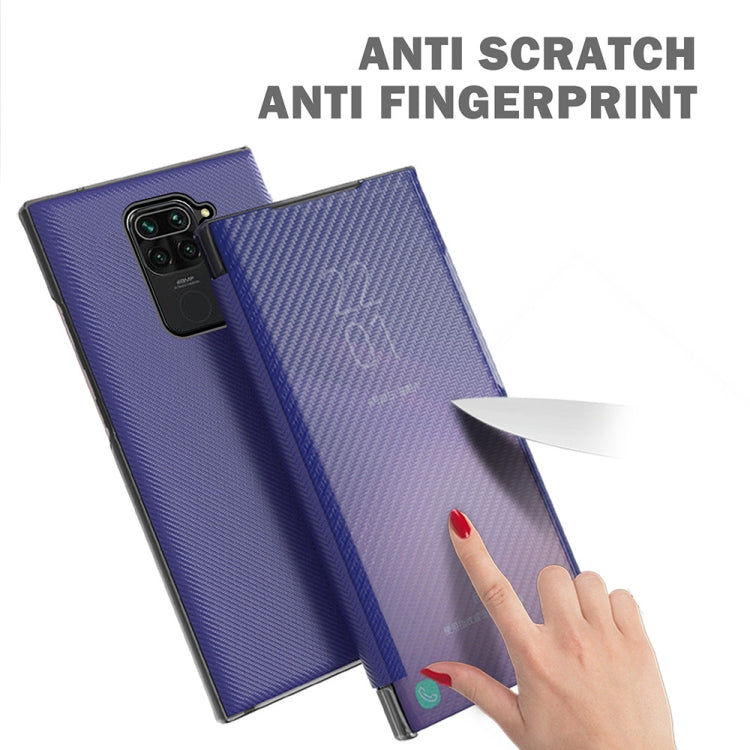 For Xiaomi Redmi Note 9 Carbon Fiber Texture View Time Horizontal Flip Leather Case with Holder & Touch Call Display ID