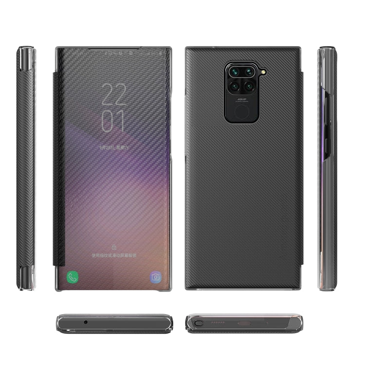 For Xiaomi Redmi Note 9 Carbon Fiber Texture View Time Horizontal Flip Leather Case with Holder & Touch Call Display ID