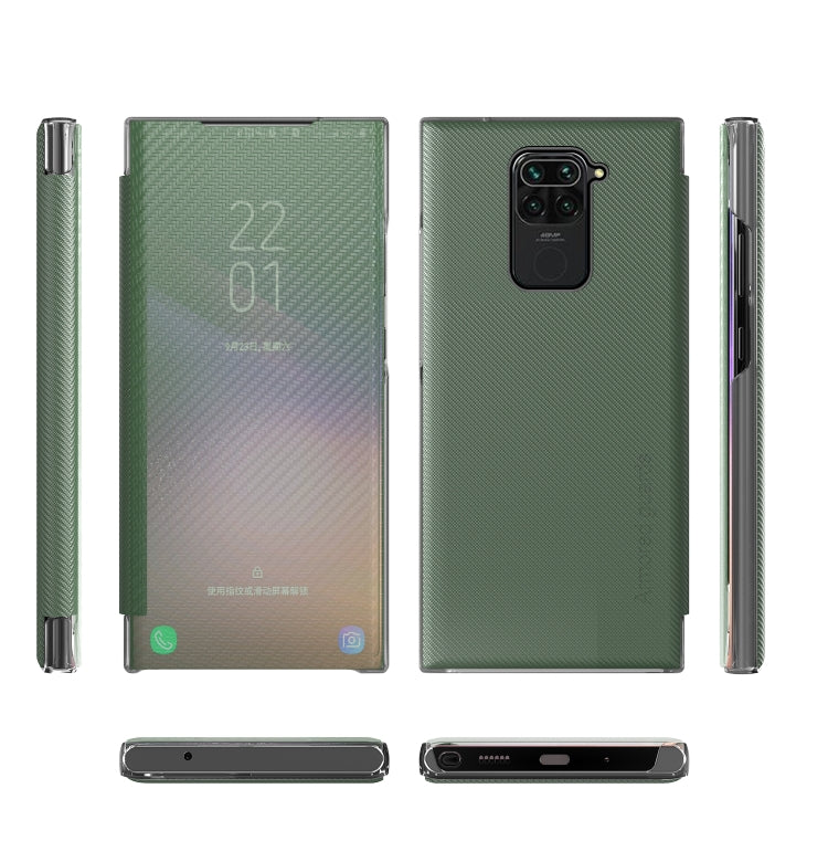 For Xiaomi Redmi Note 9 Carbon Fiber Texture View Time Horizontal Flip Leather Case with Holder & Touch Call Display ID