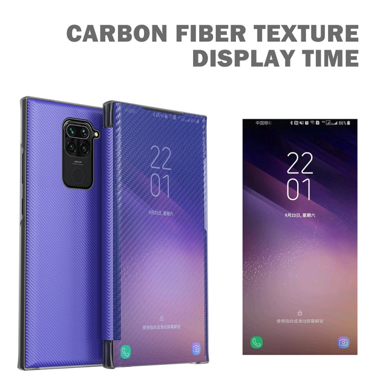 For Xiaomi Redmi Note 9 Carbon Fiber Texture View Time Horizontal Flip Leather Case with Holder & Touch Call Display ID