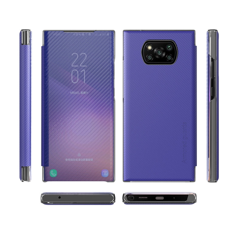 For Xiaomi Poco X3 Carbon Fiber Texture View Time Horizontal Flip Leather Case with Holder & Touch Call Display ID