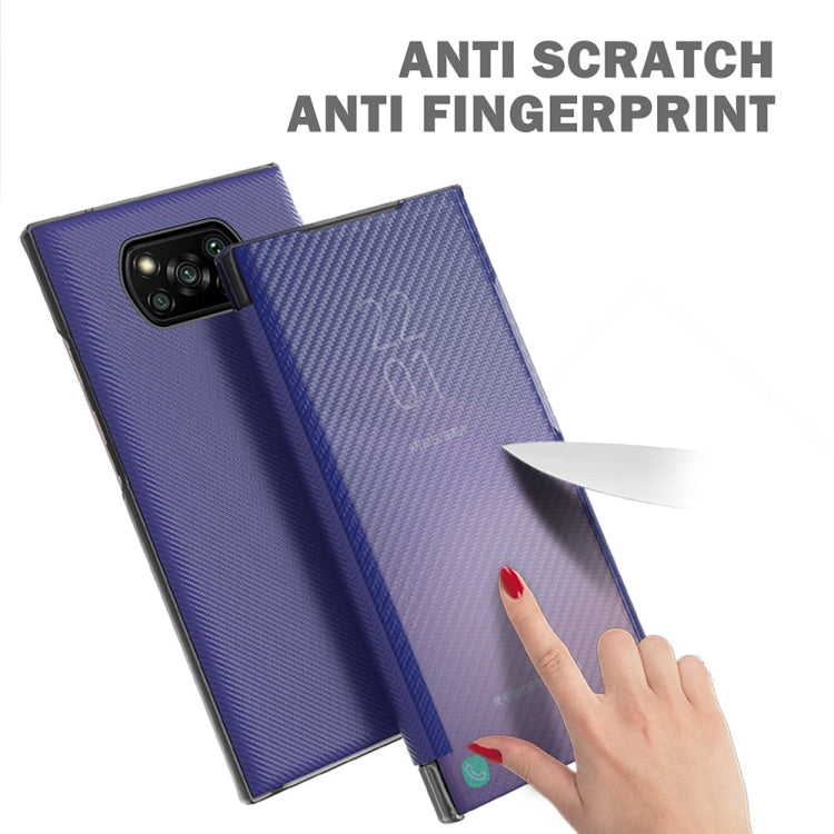 For Xiaomi Poco X3 Carbon Fiber Texture View Time Horizontal Flip Leather Case with Holder & Touch Call Display ID