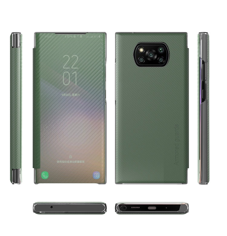 For Xiaomi Poco X3 Carbon Fiber Texture View Time Horizontal Flip Leather Case with Holder & Touch Call Display ID