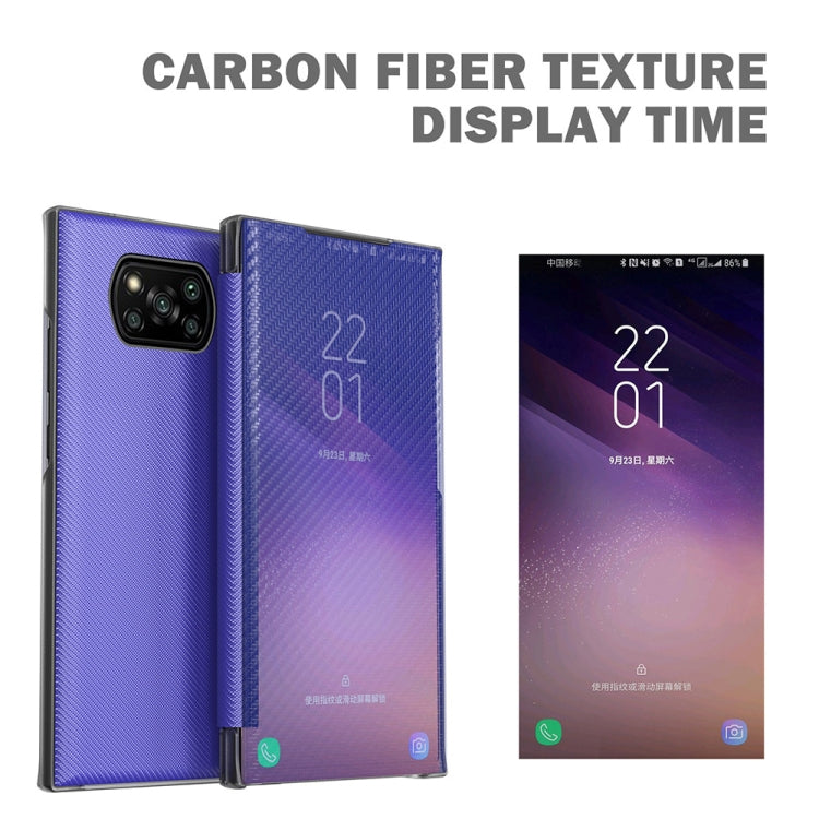 For Xiaomi Poco X3 Carbon Fiber Texture View Time Horizontal Flip Leather Case with Holder & Touch Call Display ID