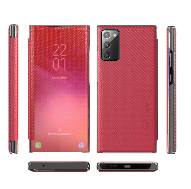 For Samsung Galaxy Note20 Carbon Fiber Texture View Time Horizontal Flip Leather Case with Holder & Touch Call Display ID