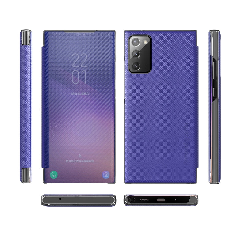 For Samsung Galaxy Note20 Carbon Fiber Texture View Time Horizontal Flip Leather Case with Holder & Touch Call Display ID