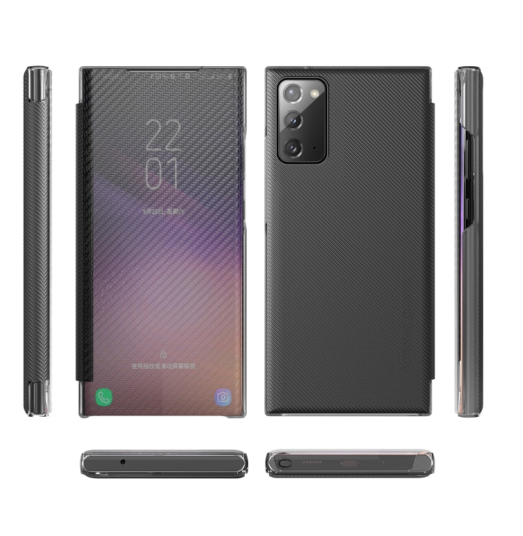 For Samsung Galaxy Note20 Carbon Fiber Texture View Time Horizontal Flip Leather Case with Holder & Touch Call Display ID