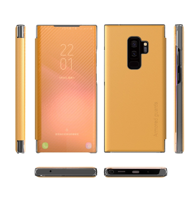 For Samsung Galaxy S9+ Carbon Fiber Texture View Time Horizontal Flip Leather Case with Holder & Touch Call Display ID