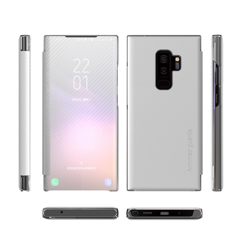 For Samsung Galaxy S9+ Carbon Fiber Texture View Time Horizontal Flip Leather Case with Holder & Touch Call Display ID