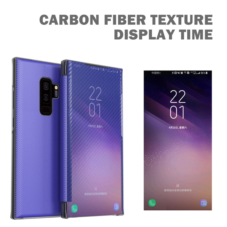 For Samsung Galaxy S9+ Carbon Fiber Texture View Time Horizontal Flip Leather Case with Holder & Touch Call Display ID