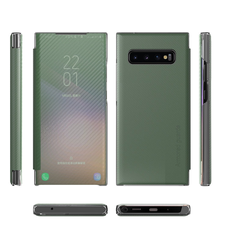 For Samsung Galaxy S10+ Carbon Fiber Texture View Time Horizontal Flip Leather Case with Holder & Touch Call Display ID