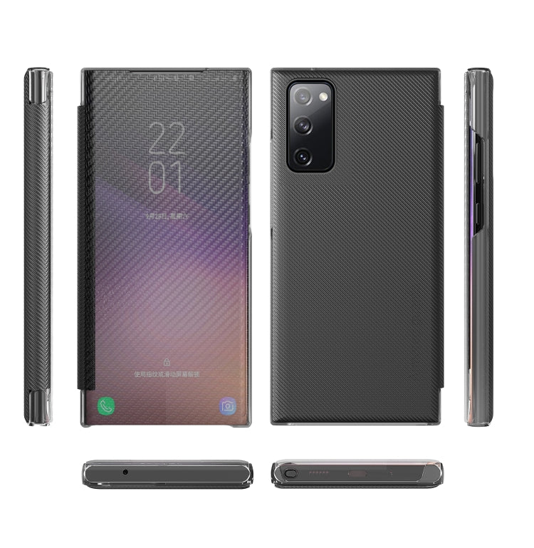 For Samsung Galaxy S20 FE Carbon Fiber Texture View Time Horizontal Flip Leather Case with Holder & Touch Call Display ID