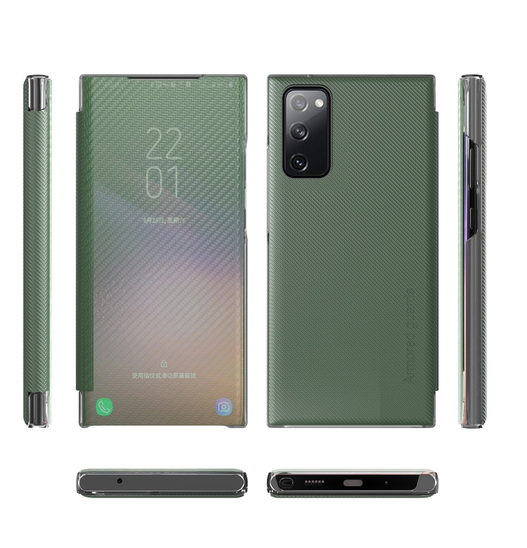 For Samsung Galaxy S20 FE Carbon Fiber Texture View Time Horizontal Flip Leather Case with Holder & Touch Call Display ID