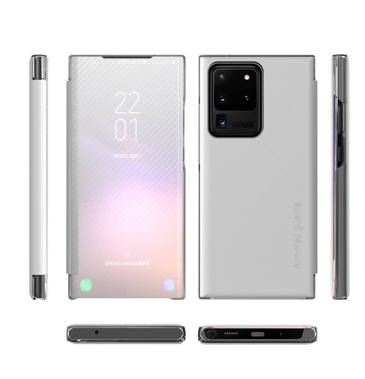 For Samsung Galaxy S20 Ultra Carbon Fiber Texture View Time Horizontal Flip Leather Case with Holder & Touch Call Display ID