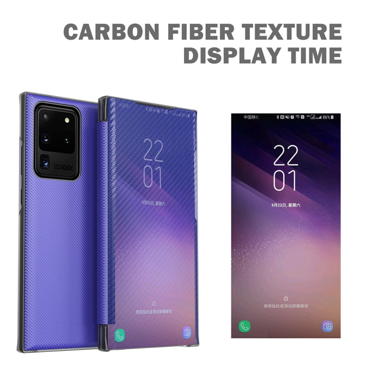 For Samsung Galaxy S20 Ultra Carbon Fiber Texture View Time Horizontal Flip Leather Case with Holder & Touch Call Display ID
