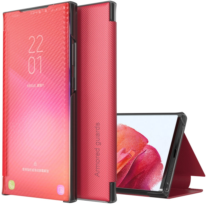 For Samsung Galaxy S21 5G Carbon Fiber Texture View Time Horizontal Flip Leather Case with Holder & Touch Call Display ID