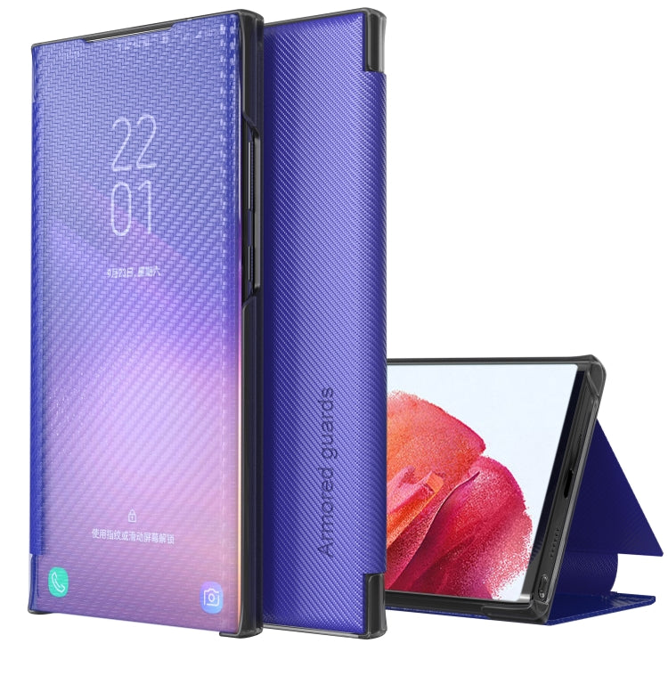 For Samsung Galaxy S21 5G Carbon Fiber Texture View Time Horizontal Flip Leather Case with Holder & Touch Call Display ID