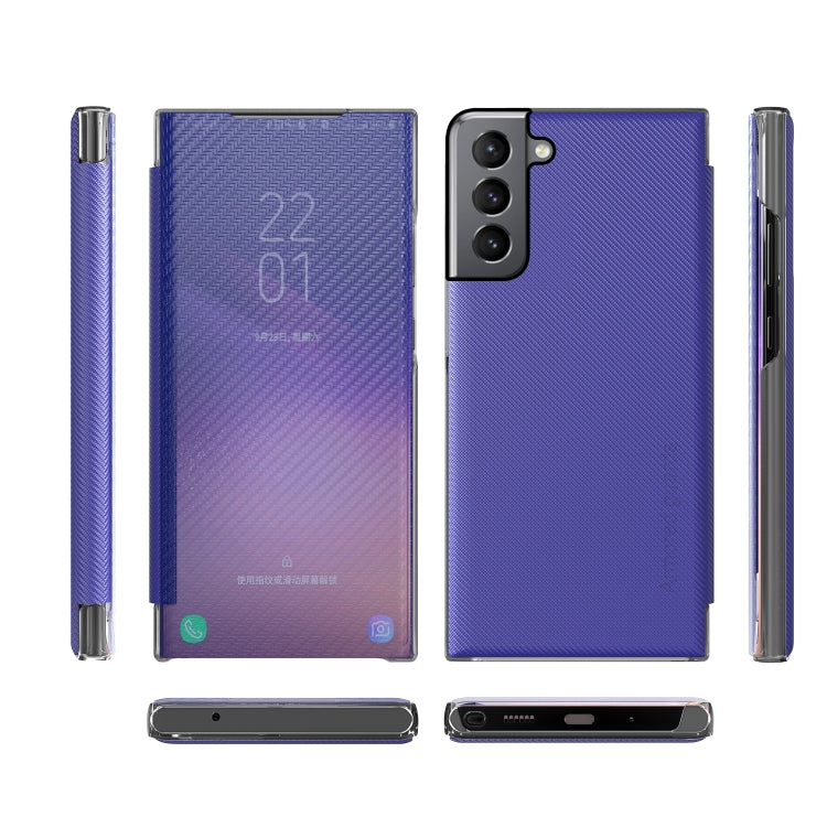 For Samsung Galaxy S21 5G Carbon Fiber Texture View Time Horizontal Flip Leather Case with Holder & Touch Call Display ID