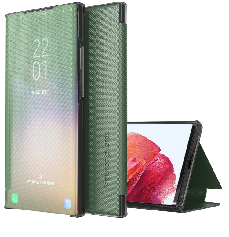 For Samsung Galaxy S21 5G Carbon Fiber Texture View Time Horizontal Flip Leather Case with Holder & Touch Call Display ID