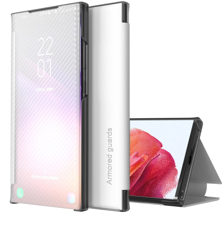 For Samsung Galaxy S21 5G Carbon Fiber Texture View Time Horizontal Flip Leather Case with Holder & Touch Call Display ID