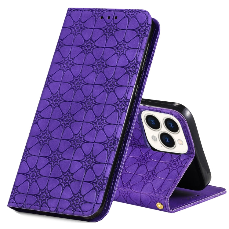 For iPhone 13 Pro Max Lucky Flowers Embossing Pattern Magnetic Horizontal Flip Leather Case with Holder & Card Slots