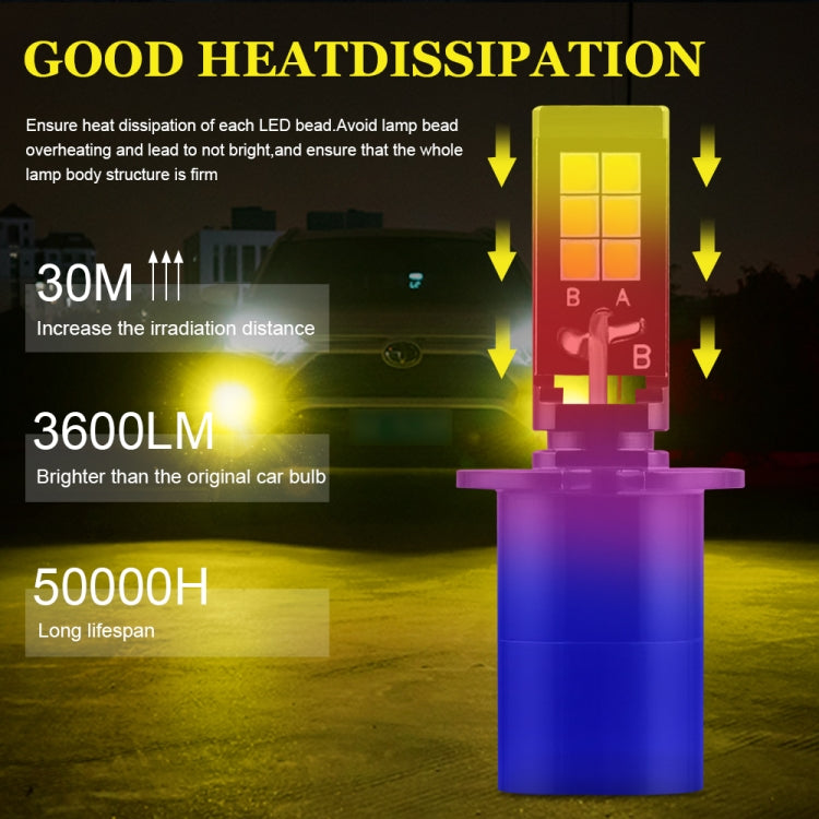 2 PCS EV15 H3 DC9-32V / 3000LM / 30W / 6000K+3000K IP65 Car LED Double Color Fog Light with 12LEDs CSP Lamp Beads(White Light + Amber Light)