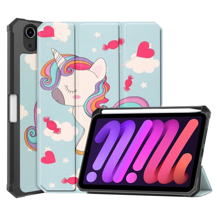 For iPad mini 6 Colored Drawing Horizontal Flip TPU + PU Leather Tablet Case with Three-folding Holder & Sleep / Wake-up Function & Pen Slot