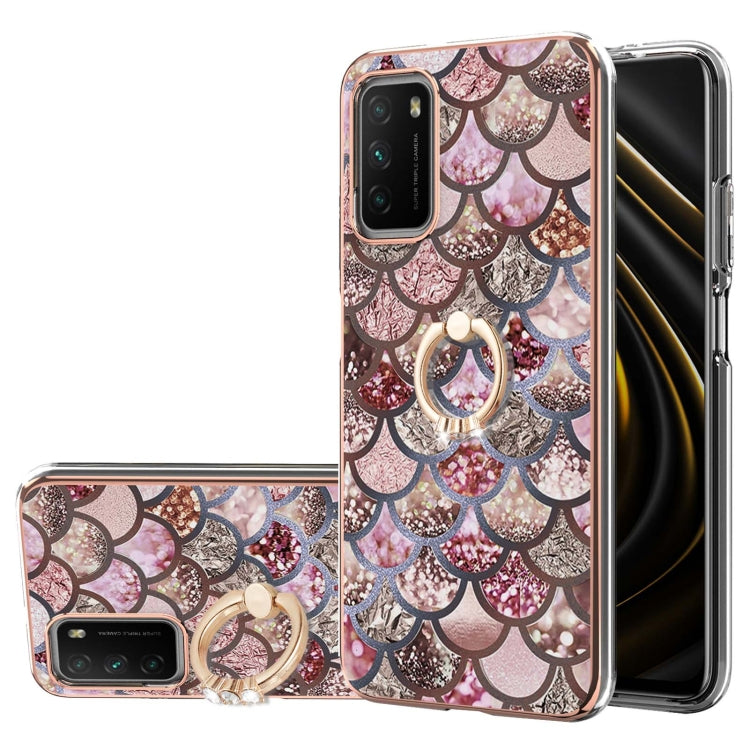 For Xiaomi Poco M3/Redmi Note 9 4G/Redmi 9 Power/Redmi 9T Electroplating Pattern IMD TPU Shockproof Case with Rhinestone Ring Holder