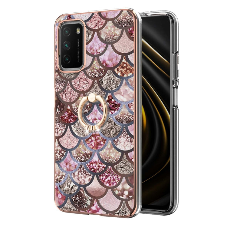 For Xiaomi Poco M3/Redmi Note 9 4G/Redmi 9 Power/Redmi 9T Electroplating Pattern IMD TPU Shockproof Case with Rhinestone Ring Holder