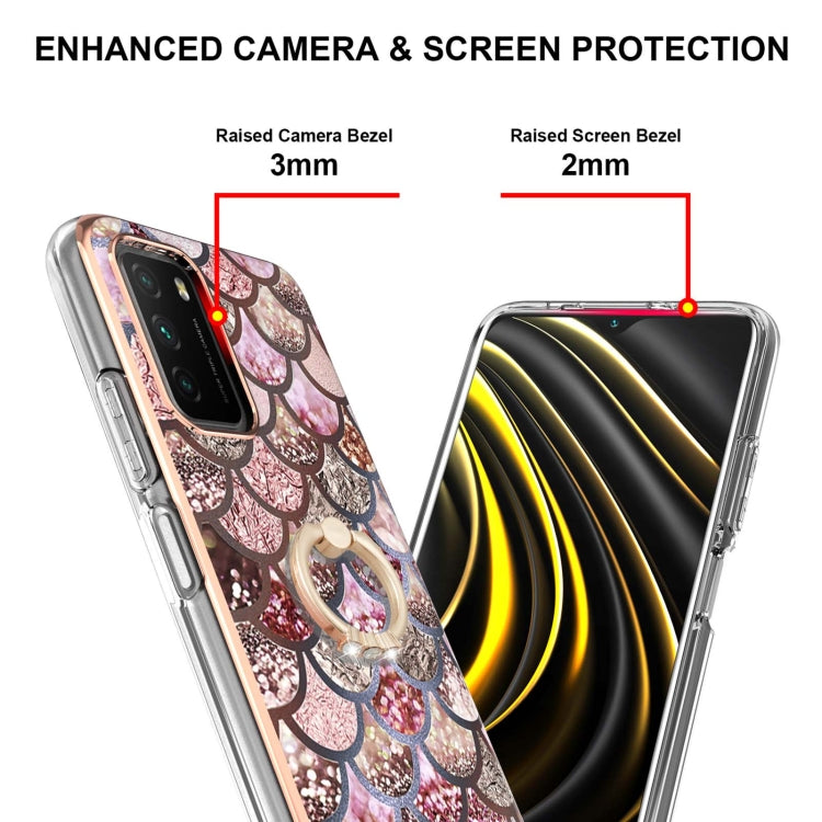 For Xiaomi Poco M3/Redmi Note 9 4G/Redmi 9 Power/Redmi 9T Electroplating Pattern IMD TPU Shockproof Case with Rhinestone Ring Holder