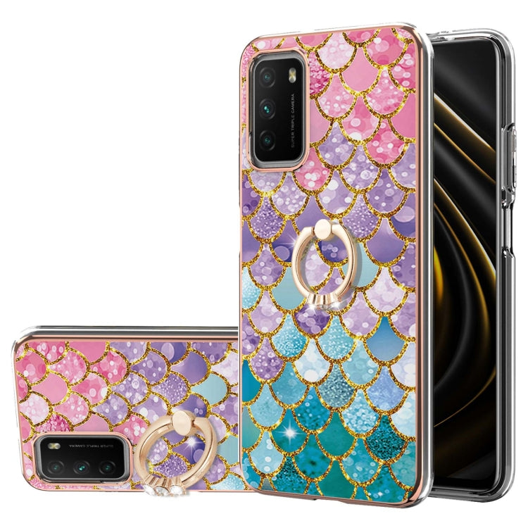 For Xiaomi Poco M3/Redmi Note 9 4G/Redmi 9 Power/Redmi 9T Electroplating Pattern IMD TPU Shockproof Case with Rhinestone Ring Holder